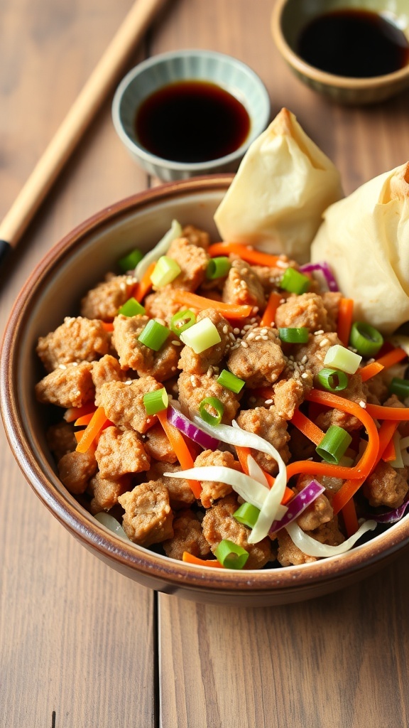 A bowl of Egg Roll in a Bowl with ground turkey, cabbage, and carrots, garnished with green onions and sesame seeds.